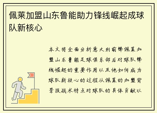 佩莱加盟山东鲁能助力锋线崛起成球队新核心 佩莱加盟山东鲁能助力锋线崛起成球队新核心